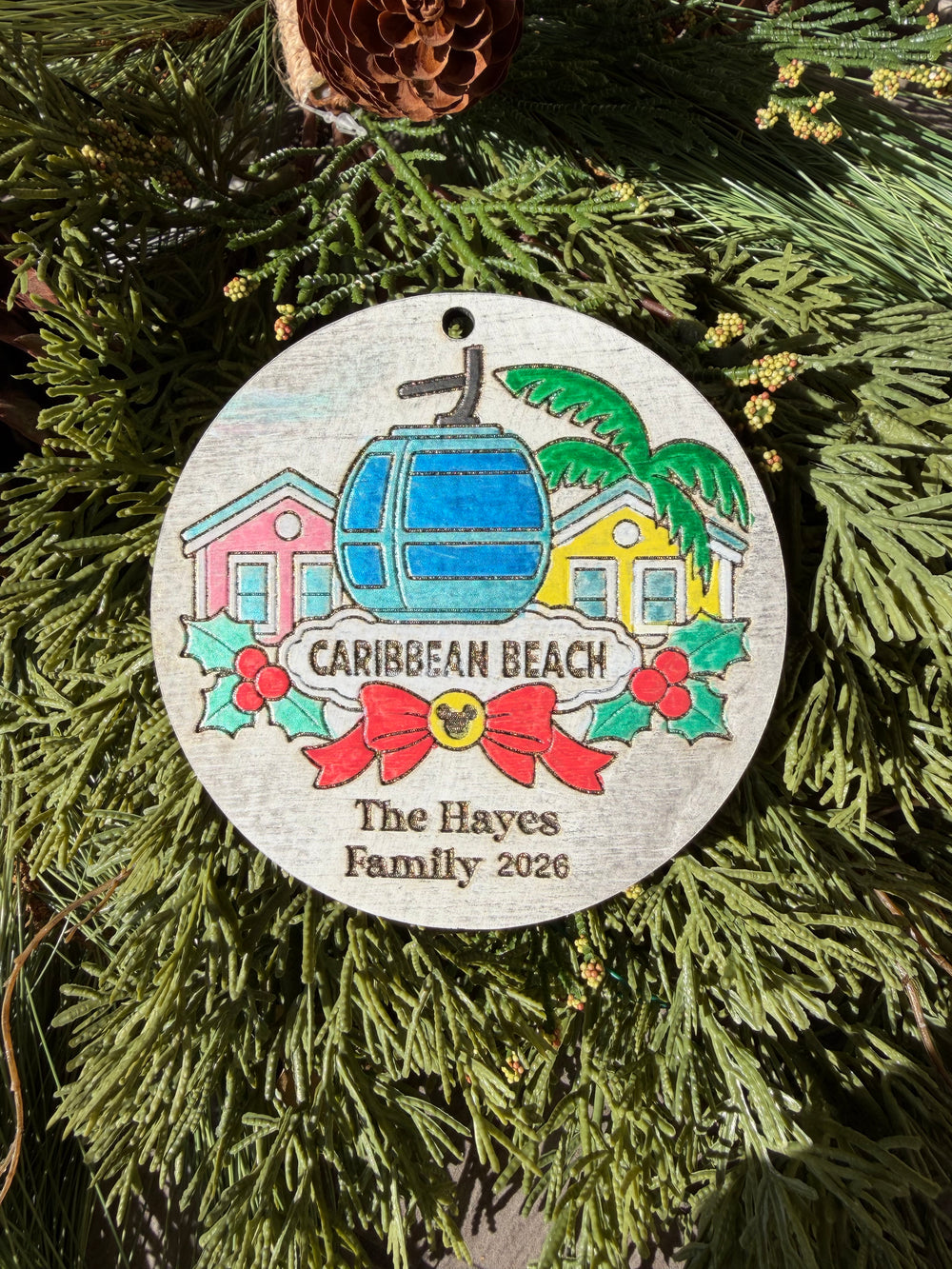 Finished Caribbean Beach ornament. The Hayes Family 2026 is sample personalization.