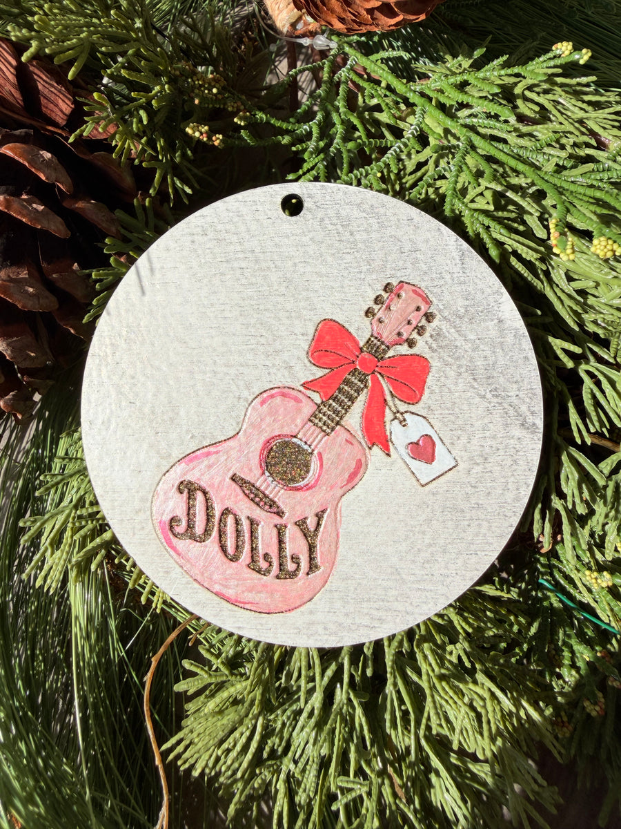 Dolly Pink Guitar & Bow | Hand-Painted Round Ornament