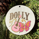 Finished hand-painted Dolly Guitar & Butterfly on evergreen greenery.