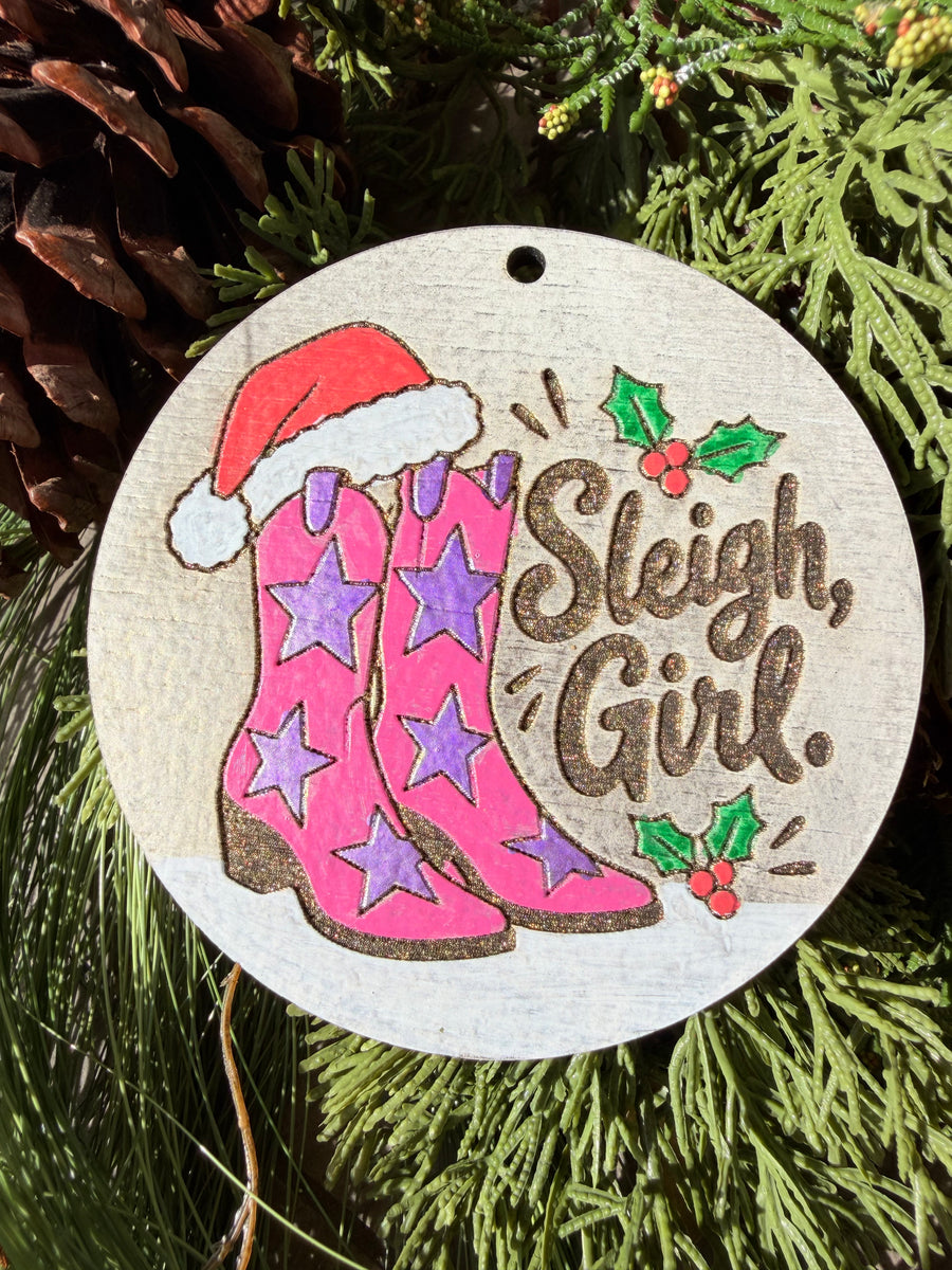 Sleigh, Girl! Cowboy Boots | Hand-Painted Round Ornament