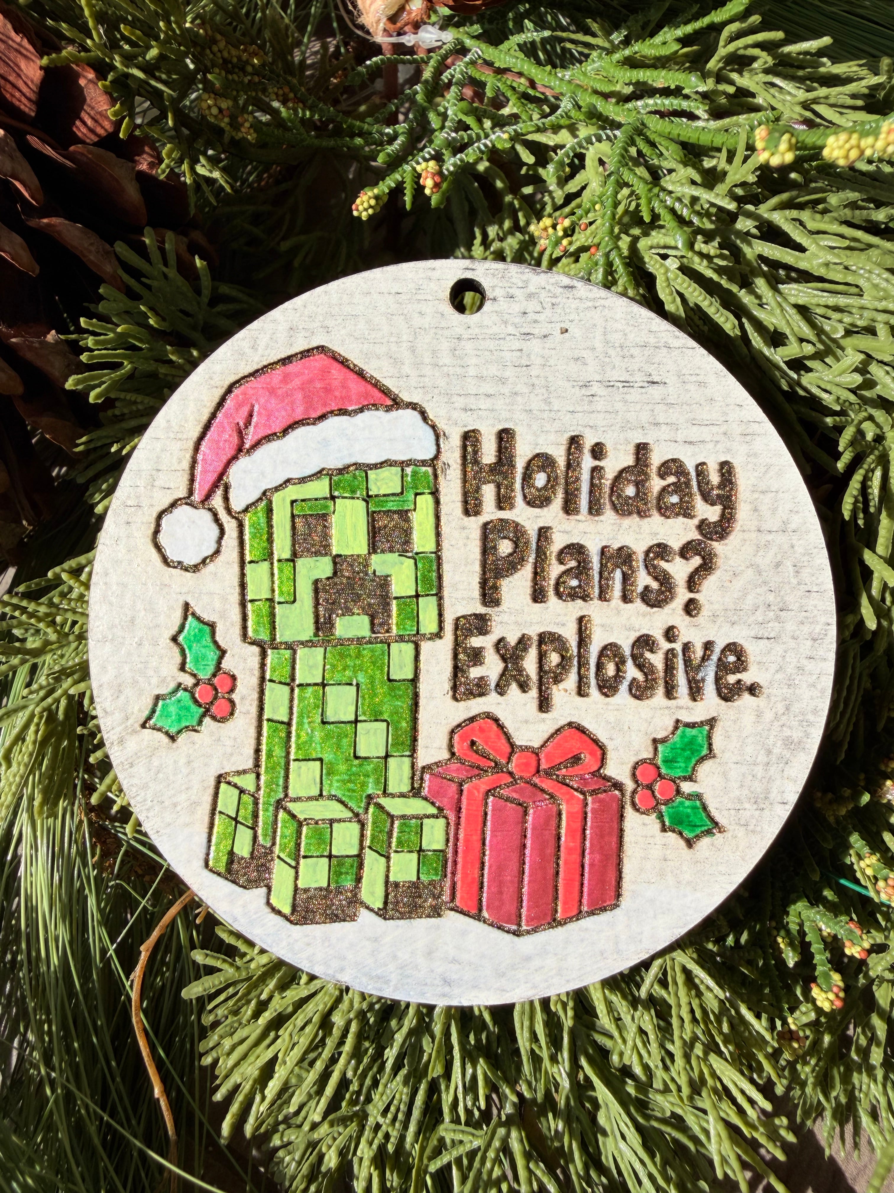 Finished hand-painted Holiday Plans? Explosive on evergreen greenery.