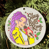 Finished hand-painted Slay Bells Ring on evergreen greenery.
