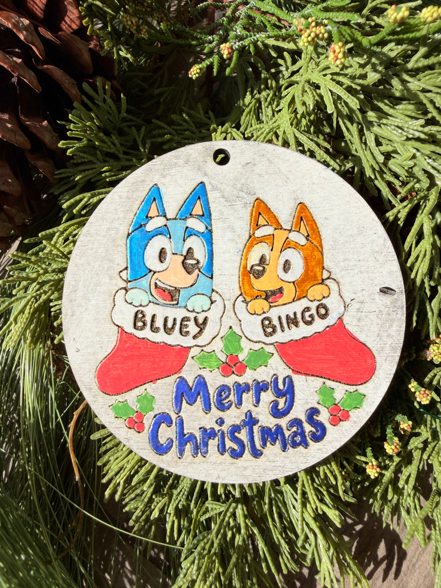 Bluey & Bingo Merry Christmas | Hand-Painted Round Ornament