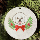 Finished hand-painted White Fluffy Dog & Holiday Bow on evergreen greenery.