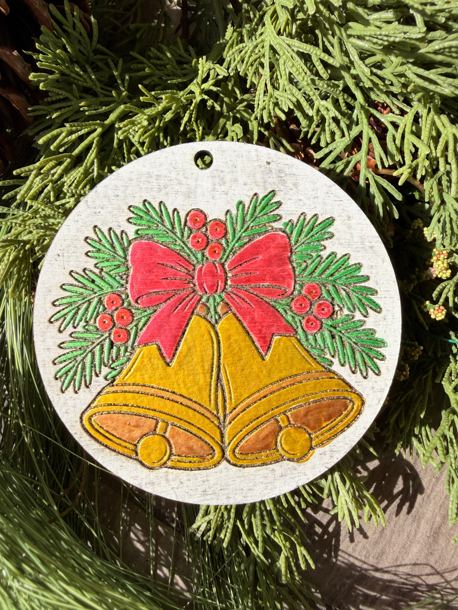 Golden Christmas Bells | Hand-Painted Round Ornament