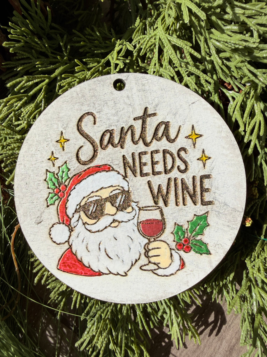 Santa Needs Wine | Hand-Painted Round Ornament