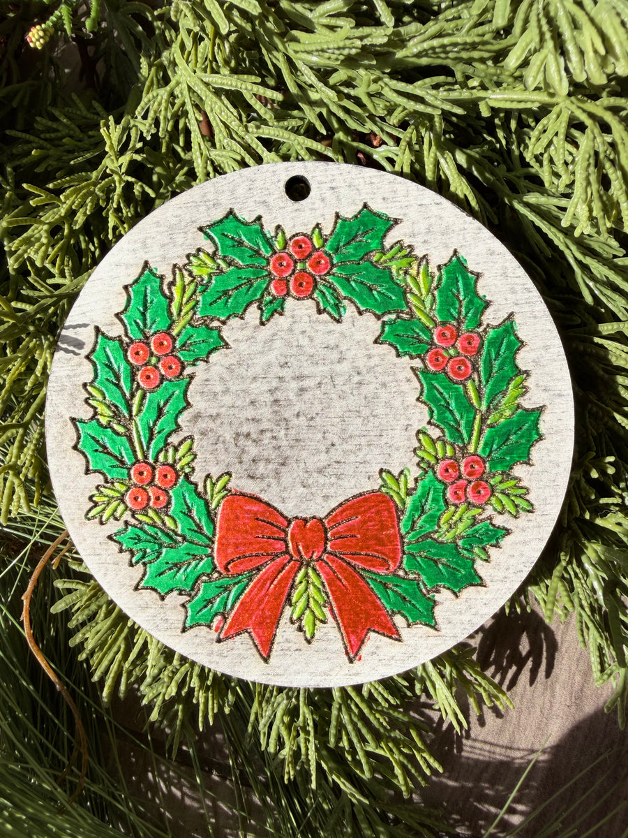 Holly Wreath & Red Bow | Hand-Painted Round Ornament