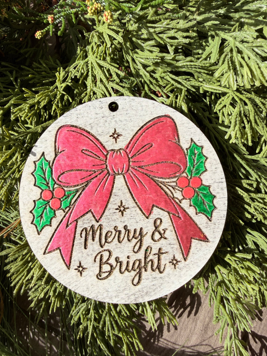 Merry & Bright Pink Bow | Hand-Painted Round Ornament