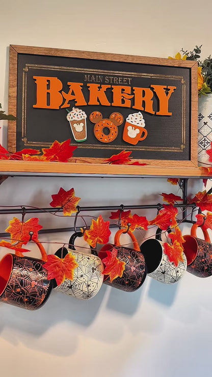 Orange Icing Fall Main Street Bakery | Black Background Framed Halloween Sign