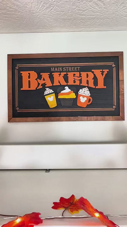 Original Fall Main Street Bakery | Black Background Framed Halloween Sign