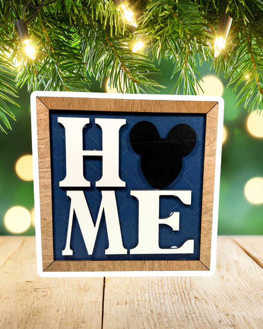 NEW Home Square Framed Sign | Blue Background | White Letters | Black Mouse Head