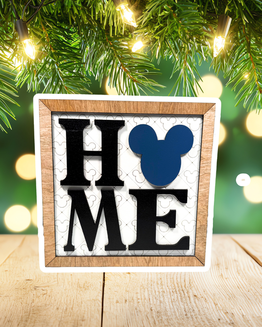 NEW Home Square Framed Sign | White Background | Black Letters | Blue Mouse Head