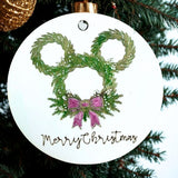 2026 Merry Christmas mouse pine wreath ornament hanging on a Christmas tree