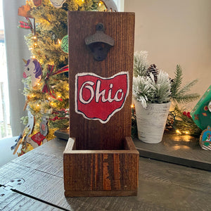 Red Cursive Ohio Bottle Opener With Catcher